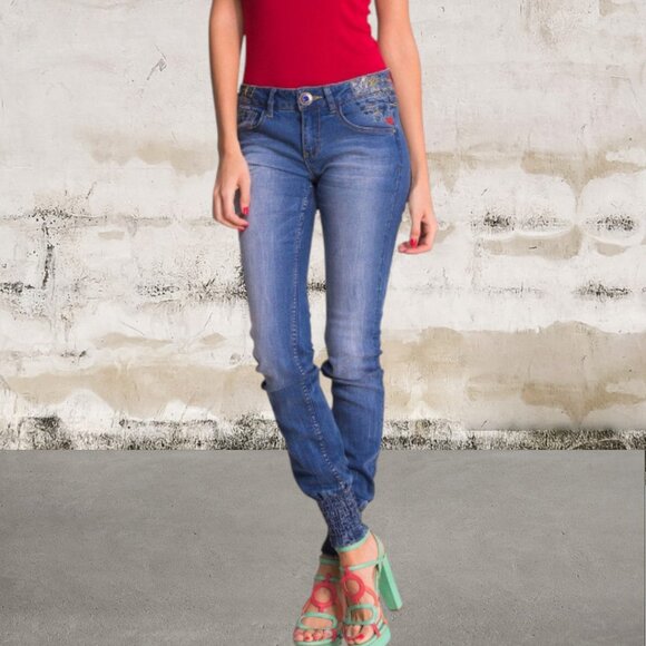 Desigual Blue Ankle Jeans with Smocked Cuffs Size 30 - Picture 1 of 6